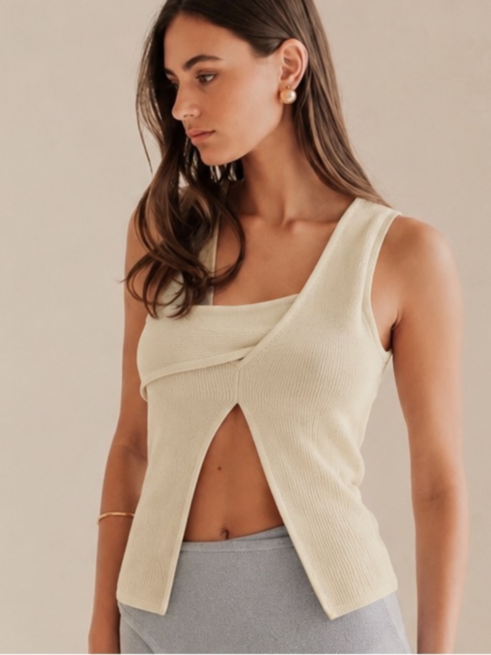 Cream Ribbed Asymmetrical Tank